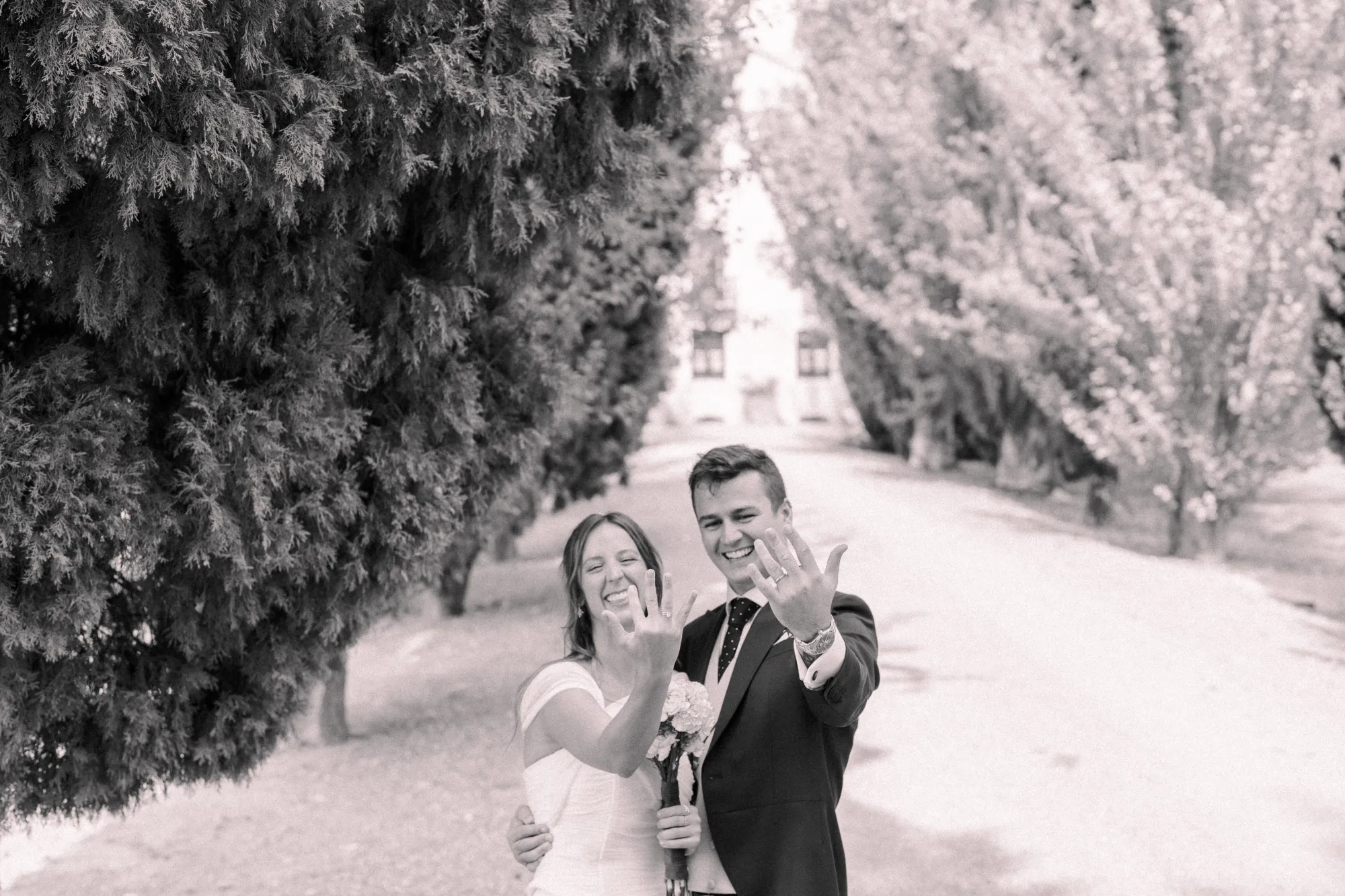 Los novios en blanco y negro en un camino de cipreses